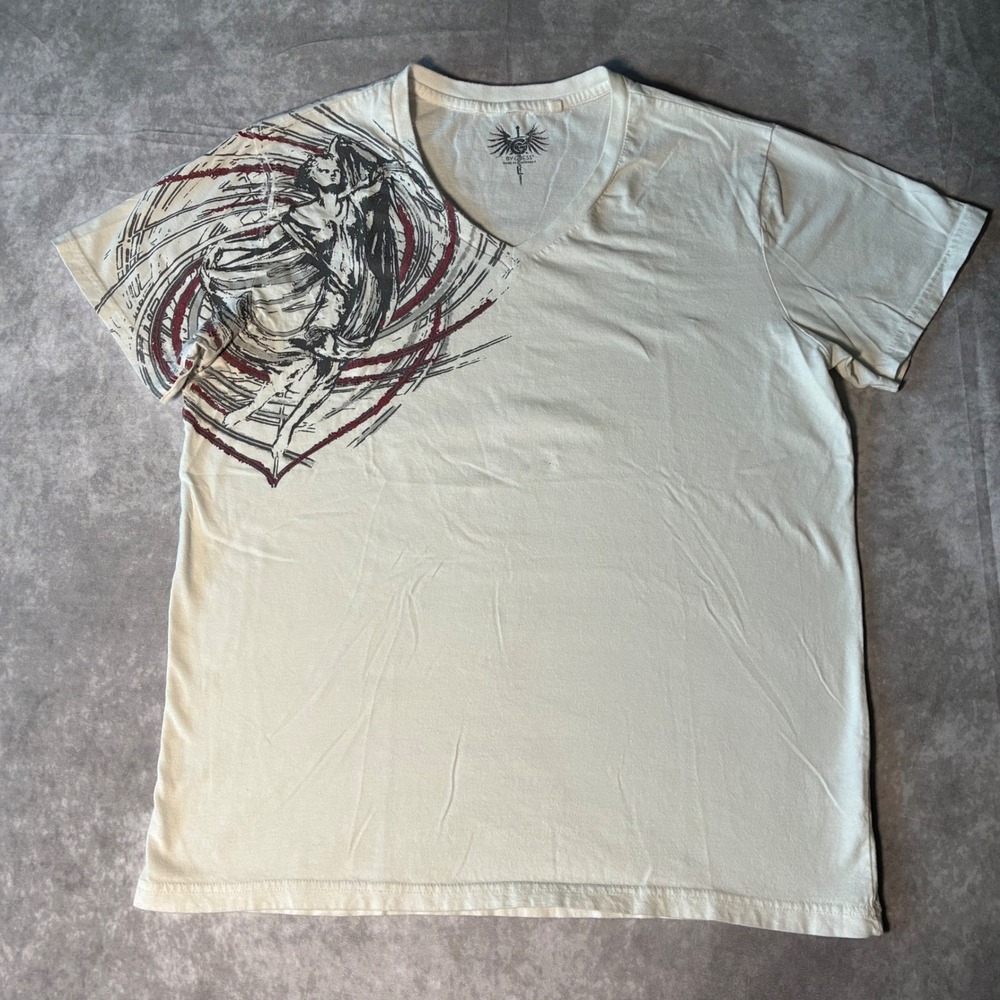Y2K G by GUESS Mens Cyber grunge V-Neck  Tshirt Off White Angel Wing Print L